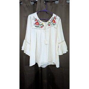 Route 66 Women's Ivory Flare Sleeve Top Size XL Embroidered Floral Boho